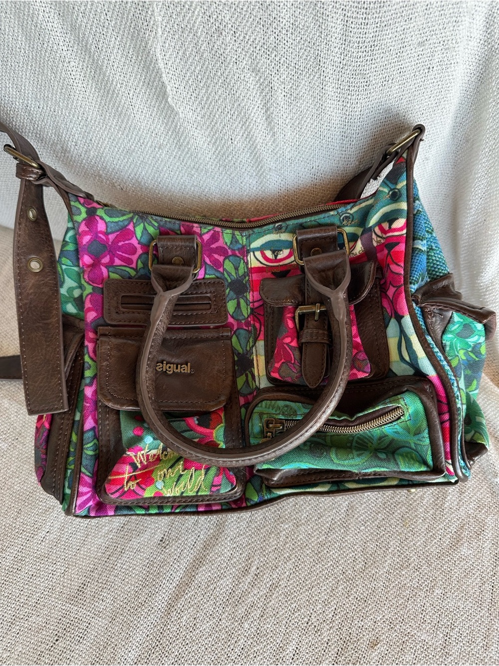Vintage Desigual Floral Patchwork Shoulder Bag Multi Pocket Boho Satchel Purse - Picture 3 of 15